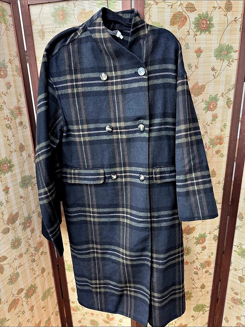 Mint Tartan Plaid Pea Coat in Blue & Gray with detachable scarf